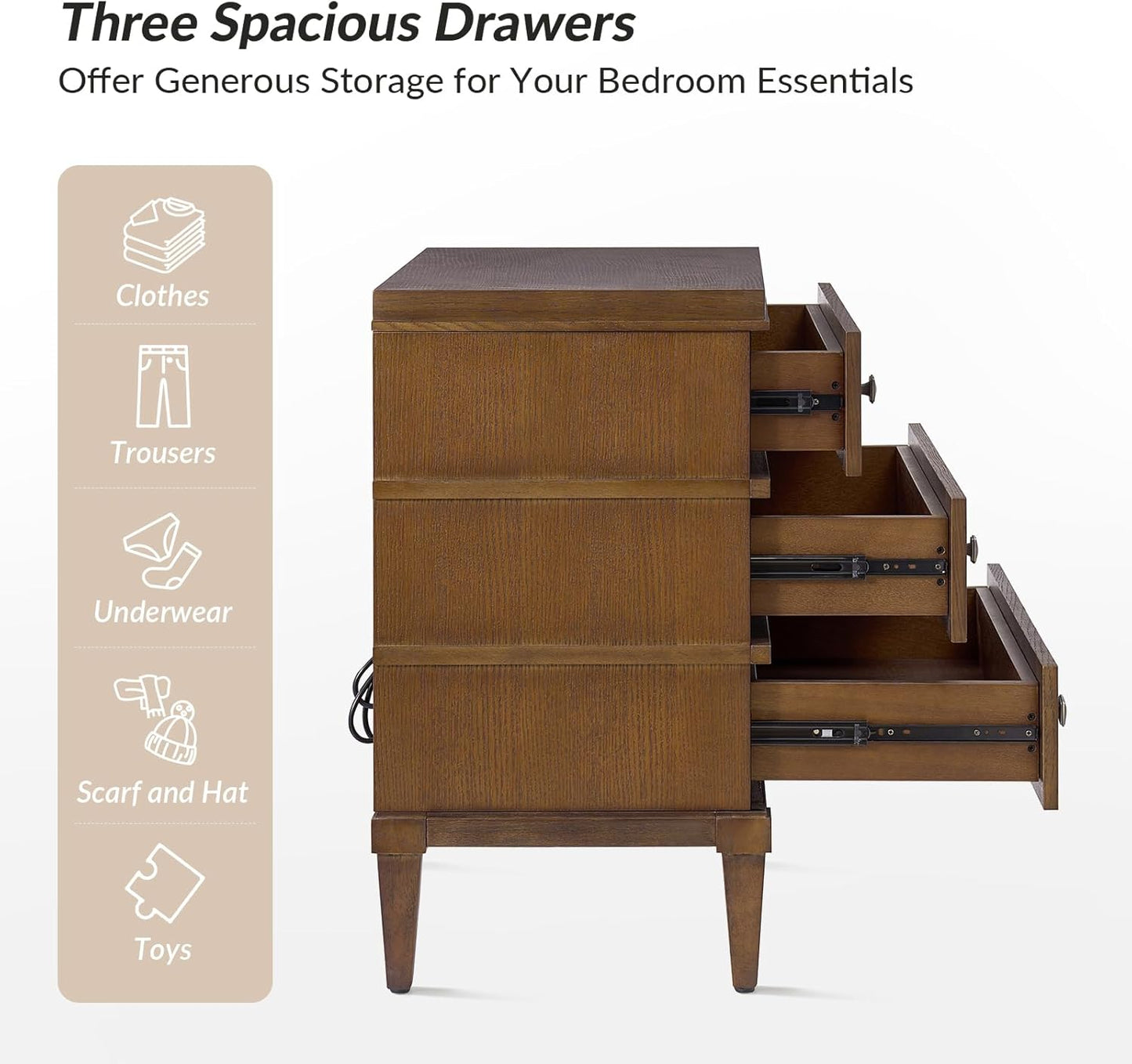 HULALA HOME 3-Drawer Nightstand with Charge Station, Farmhouse Nightstand with Solid Wood Legs(Walnut)