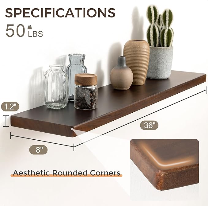 36" Rustic Walnut Wood Floating Shelves, 8 Inch Deep Wall Shelves for Home Decor, Wall Mounted Floating Shelf with Invisible Bracket, Heavy-Duty Storagefor Living Room, Bedroom, Kitchen, Set of 2