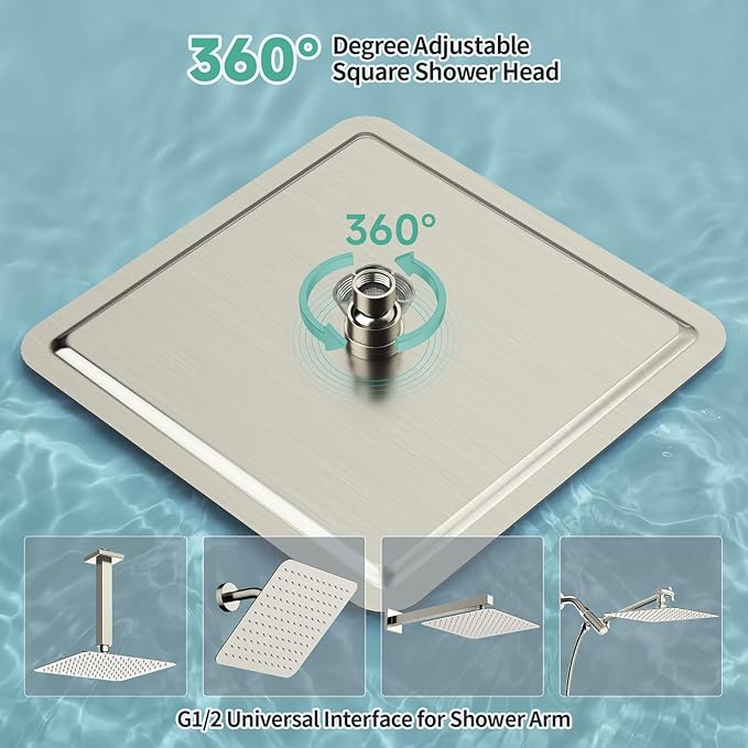 SR SUN RISE 12 Inch Rain Shower Head, High Pressure Rainfall Showerhead Large Waterfall Shower Head Ultra Thin Water Saving, Brushed Nickel 304 Stainless Steel