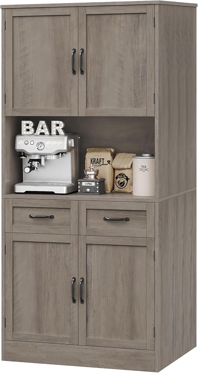 HOSTACK 71“ Tall Kitchen Pantry Storage Cabinet, Modern Kitchen Hutch Bar Cabinet with Microwave Stand, Wood Buffet Sideboard with Hutch, Cupboard with Drawers, Shelves for Dining Room, Ash Gray