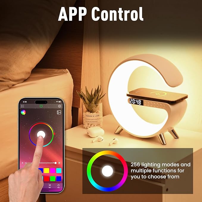 5-in-1 Smart Bedside Lamp with Bluetooth Speaker & APP Control, Wireless Charging Station, Sunrise Alarm Clock, RGB Mood Light, Ideal Gifts for Home, Office, Christmas (Black)