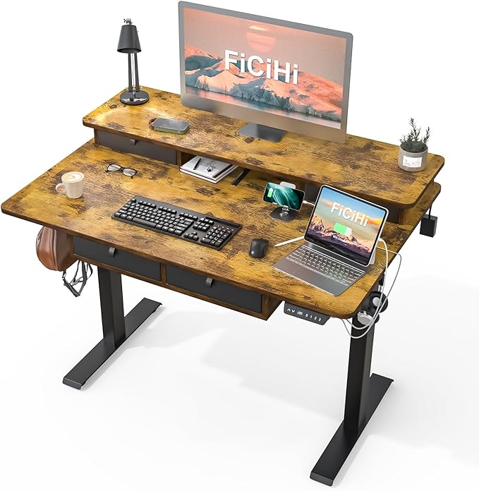 Adjustable Height Standing Desk with 4 Drawers,48 x 30 inches Electric Sit Stand Home Office Desk with Two Tiers, 3 Memory Presets, Monitor Stand Riser, USB A/C Charging Port