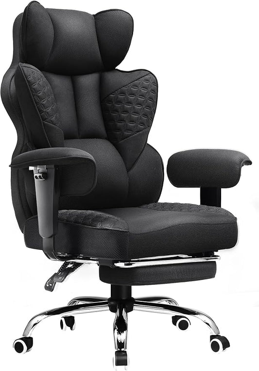 COMHOMA Big and Tall Office Chair 400LBS Wide Ergonomic Fabric Deluxe Embossing Designed Gaming Chair with Foot Rest,150°Reclining Adjustable Armrests Pocket Spring Back Support and Pillow