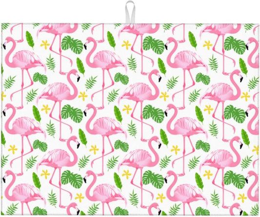 Pink Flamingo Leaf Dish Drying Mat 18x24 For Kitchen Counter Absorbent Microfiber Dishes Pad Dish Drainer Rack Mats Fast Dry Kitchen Accessories