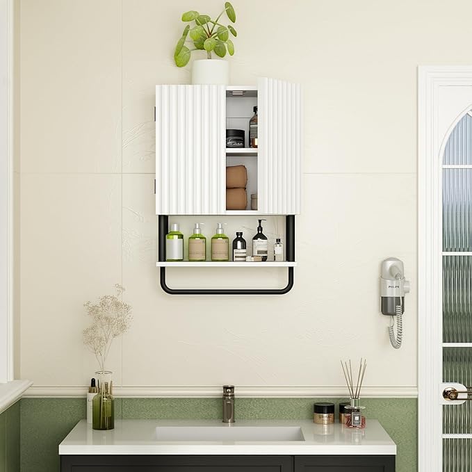 RUSTOWN Fluted Bathroom Wall Cabinet with 2 Doors, 3-Tier Modern Farmhouse Medicine Cabinet, Over The Toilet Storage Cabinet with Adjustable Shelf and Towel Bar(White, Small)