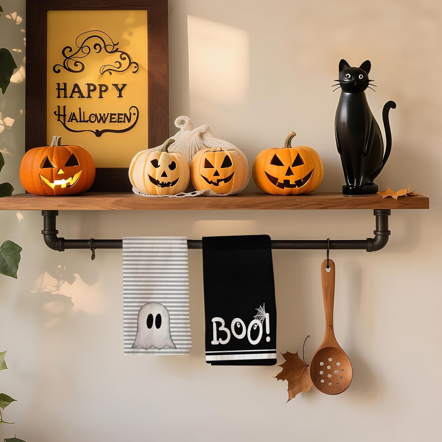 Ghost Boo Halloween Kitchen Towels Dish Towel, Stripes Decoration Hand Towels, Hand Drying Tea Towel for Halloween Baking Cooking Home Kitchen Decor Housewarming Gift Set of 2, 18x26 Inch