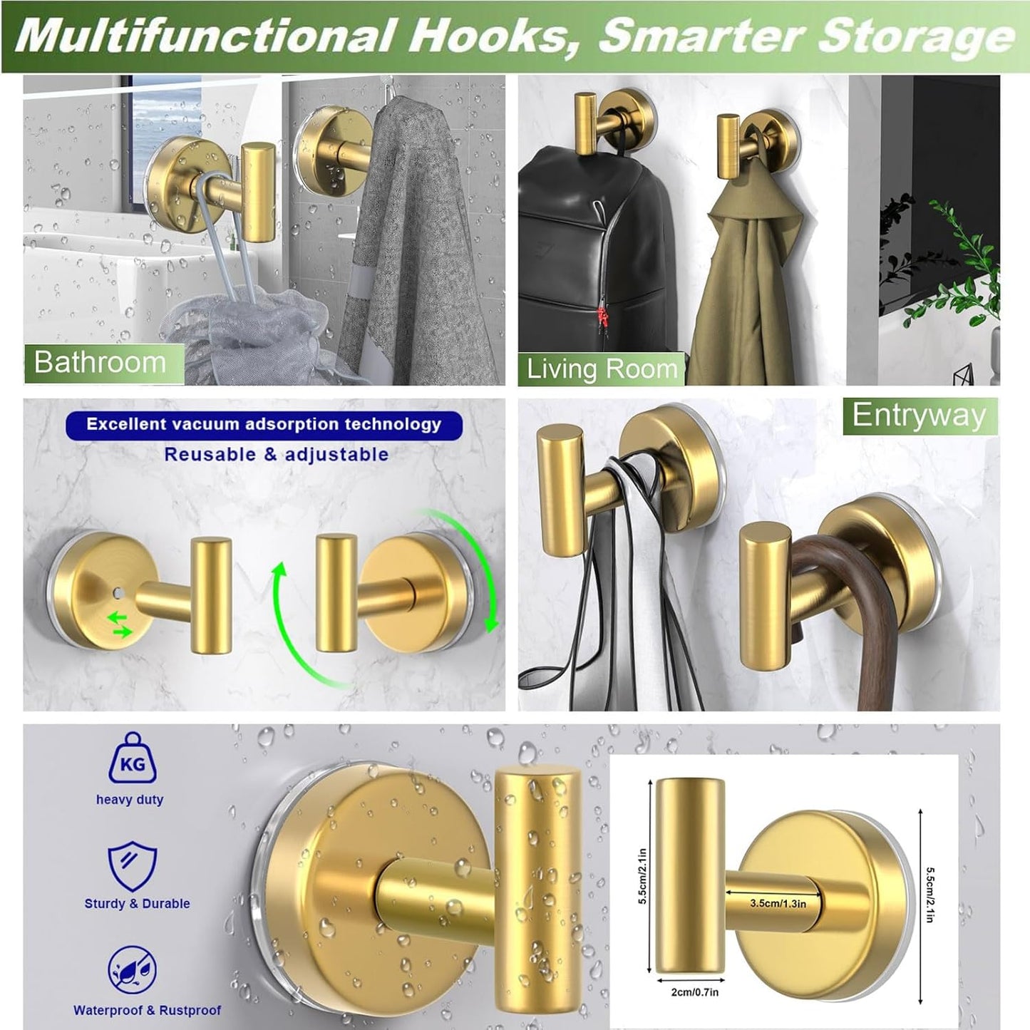 Suction Cup Hooks for Shower, Stainless Steel Shower Hooks for Hanging Towels, Robes, Bath Balls, Towel Hooks for Bathroom Wall, Glass Door, Kitchen, Mirror, Tile (2 Pack，Gold)