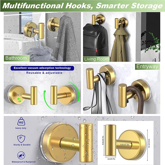 Suction Cup Hooks for Shower, Stainless Steel Shower Hooks for Hanging Towels, Robes, Bath Balls, Towel Hooks for Bathroom Wall, Glass Door, Kitchen, Mirror, Tile (2 Pack，Gold)