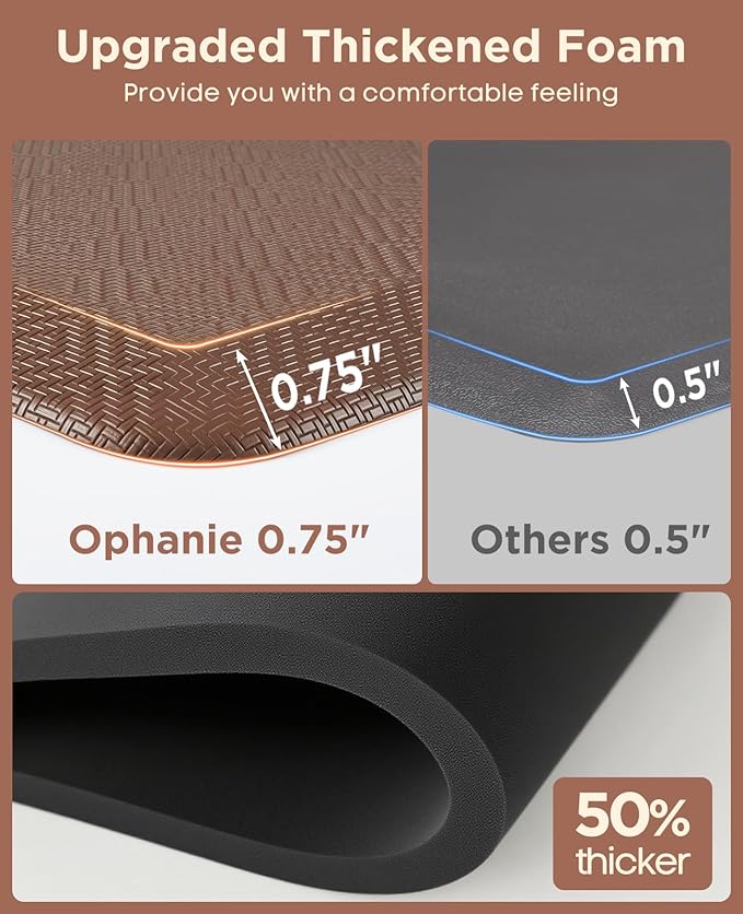 Ophanie Kitchen Mats for Floor, 3/4 Inch Thick Kitchen Rugs, Anti Fatigue Standing Cushioned Mat, Waterproof,Comfort Ergonomic Mat for Office, Home, Sink, 24'' x 70'' Brown Non-Slip Bottom