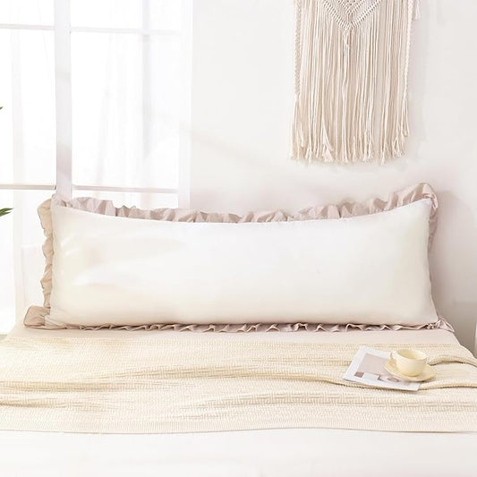 Merryword Beige Body Pillow Cover 20x54inches White and Beige Reversible Long Pillowcase Ruffled Body Pillowcases Cute Pillowcase Pillow Sham (1 Body, White Beige)
