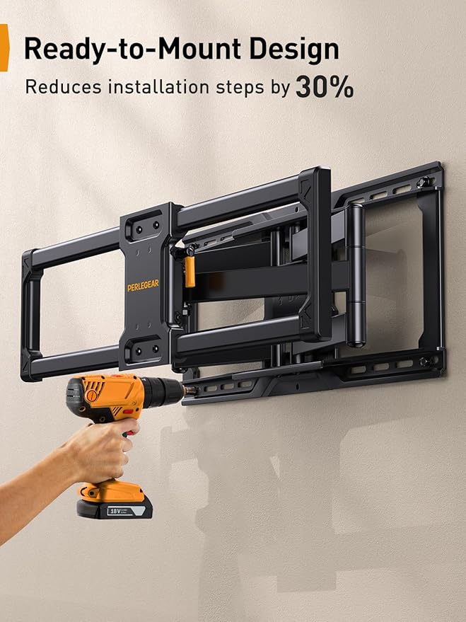 Perlegear UL-Listed Full Motion TV Wall Mount for 42–90 Inch TVs up to 150 lbs, Pre-Assembled TV Mount with Tool-Free Tilt, Swivel, Extension, Max VESA 600 x 400mm, 12″/16″/18″/24″ Wood Studs, PGLF16