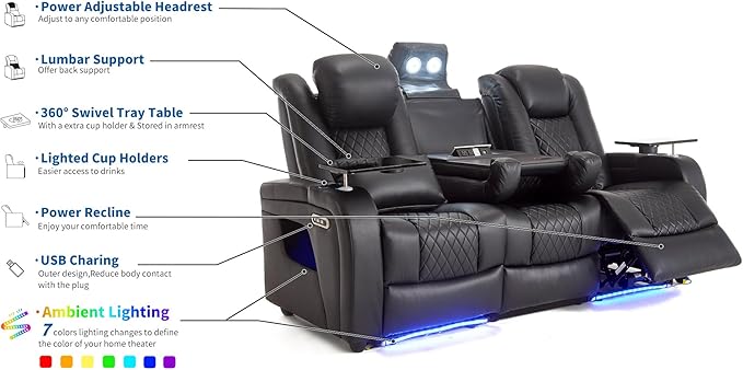 Home Theater Seating Seats with Lighting Armrest, Movie Theater Chairs Theater Recliner with 7 Colors Ambient Lighting, Lumbar Pillow, Touch Reading Lights, Tray Table, Power Recline,Black
