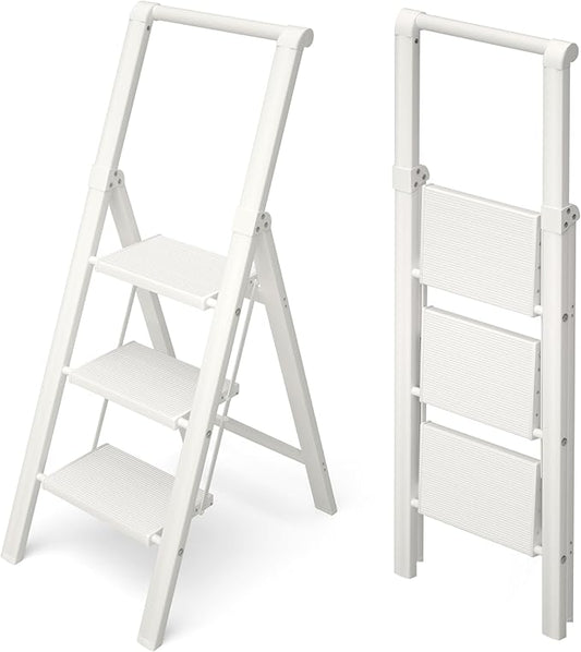 HillhutApex 3 Step Foldable Aluminum Step Ladder with Handgrip, Anti-Slip Pedal, 330 lbs Capacity, Lightweight & Portable for Home, Kitchen, Office, Garage (White)