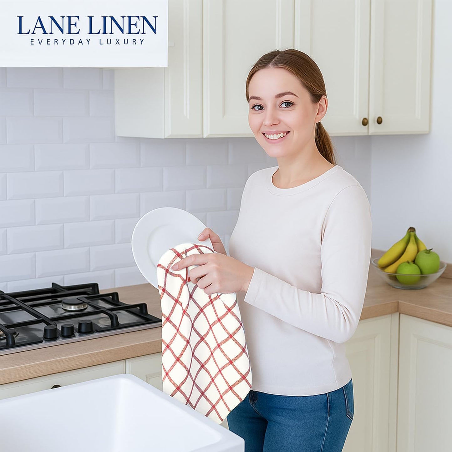 LANE LINEN Kitchen Towels Set of 12-100% Cotton, Quick-Drying 18” x 28” Absorbent Dish & Tea Towels, Premium Hand Towels for Drying Dishes - Christmas Red