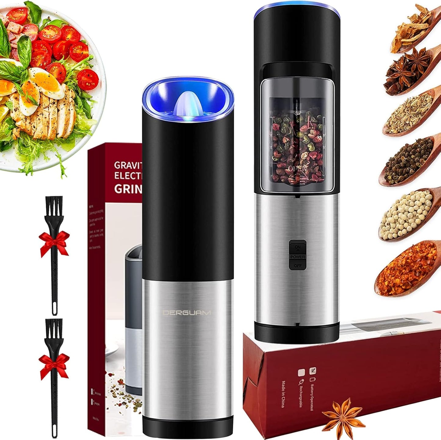DERGUAM Gravity Electric Salt and Pepper Grinder Set, Stainless Steel Automatic Pepper and Salt Mill Grinder, Salt Grinder Spice Grinder with Adjustable Coarseness and LED Blue Light, Battery Powered