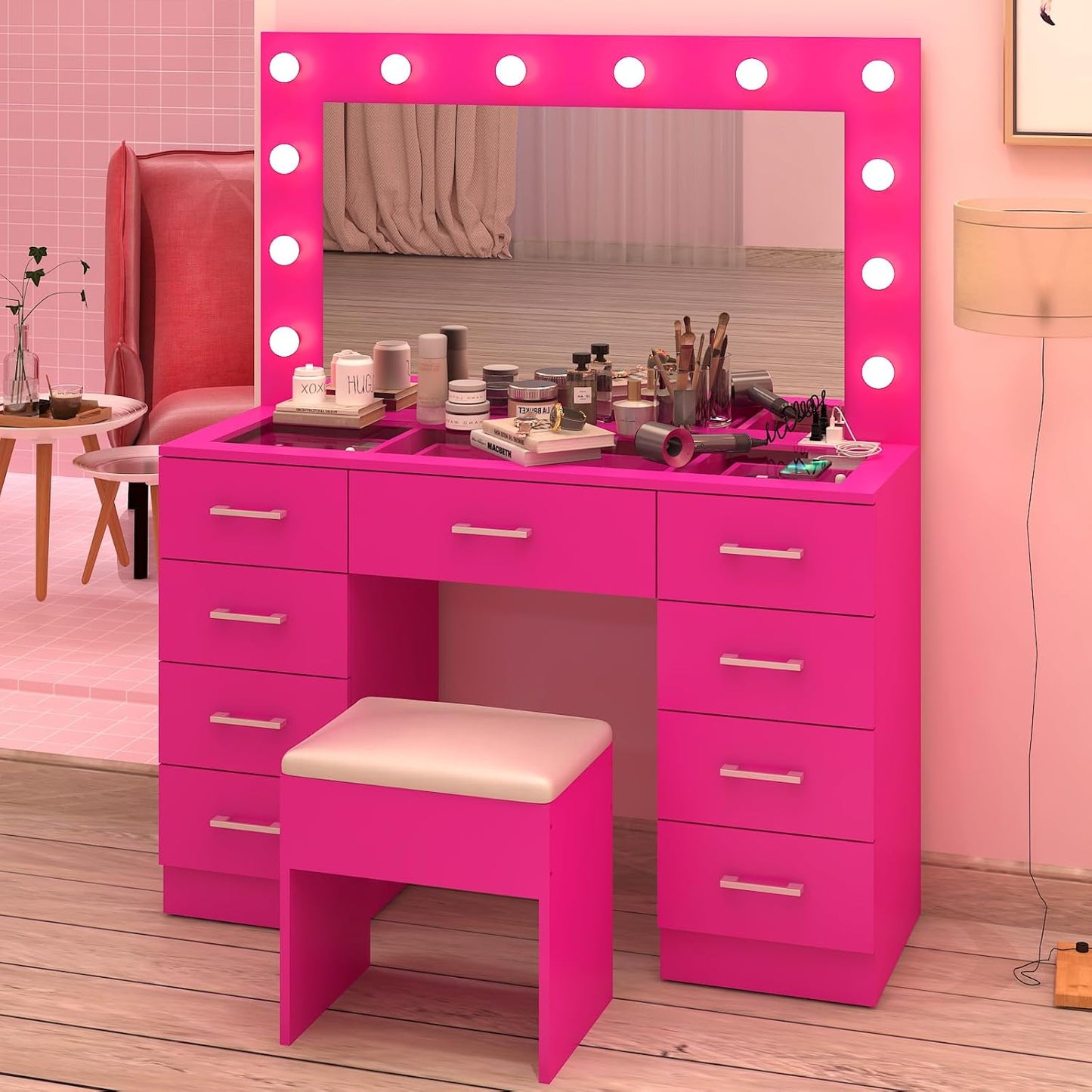 Karl home Vanity Desk with Large Lighted Mirror & Powre Outlet, Glass Tabletop Makeup Vanity Set with 9 Drawers, 45.3" Vanity Table with 3 Color Lighting Modes, Dressing Table for Women Girls, Pink