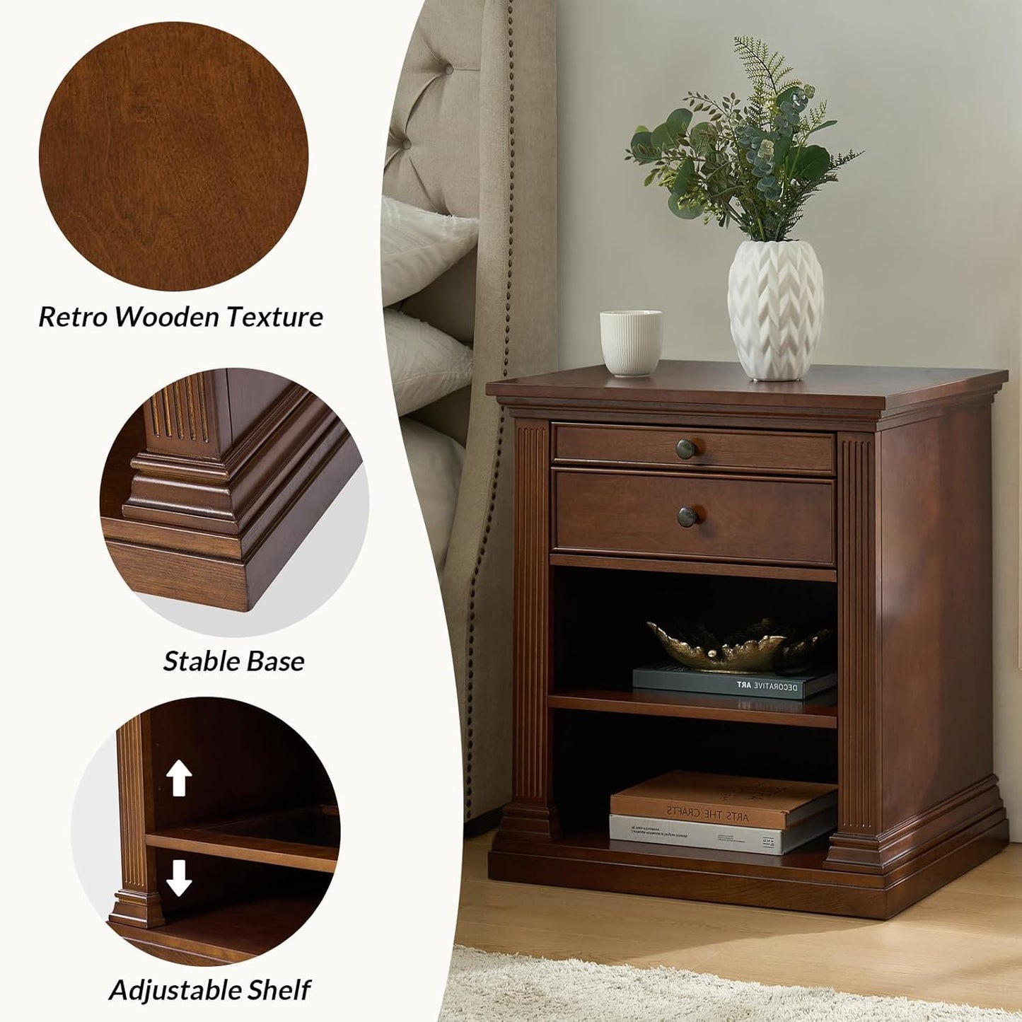 HULALA HOME Wood Nightstand with Tray and Storage Shelves, Traditional Design with Roman Column, End Table with Charging Station/LED, WALNUTT