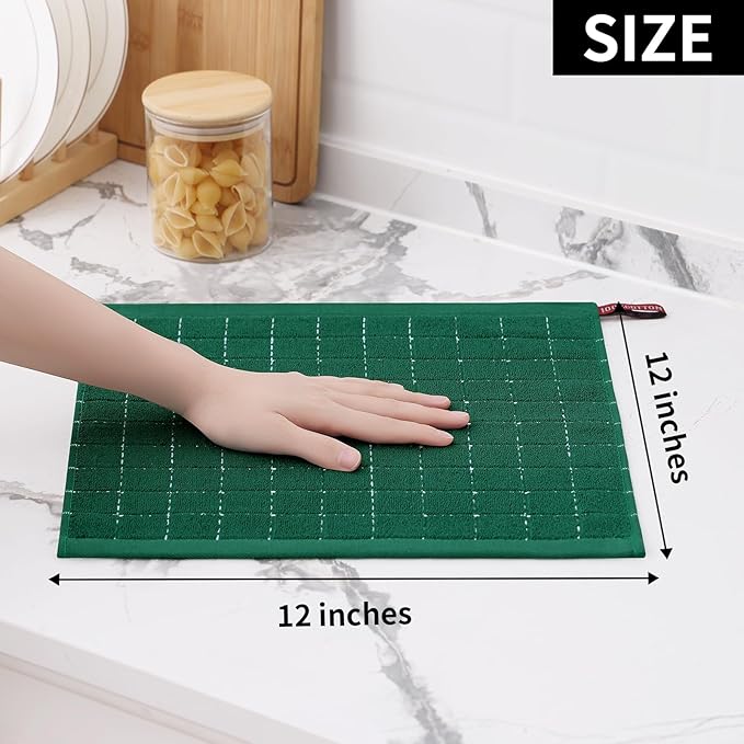 Homaxy 100% Cotton Terry Kitchen Dish Cloths, Ultra Soft and Absorbent Dish Towels for Kitchen, Perfect for Drying and Washing Dishes, 8 Pack, 12 x 12 Inches, Dark Green