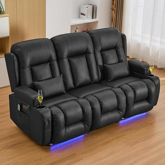 IPKIG 76.8" Power Reclining Sofa, Electric Home Theater Seating with Flipped Middle Backrest/LED Lighting/USB Ports/Built-in Outlets, Dual Recliner Sofa 3 Seater for Living Room RV (Black)