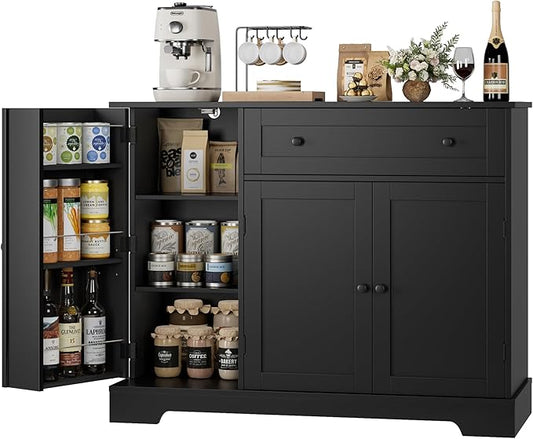 HOSTACK Buffet Cabinet with Storage, Modern Sideboard Buffet with Doors, Wood Coffee Bar Kitchen Storage Cabinet with Drawer and Adjustable Shelf for Kitchen, Dining Room, Living Room, Black