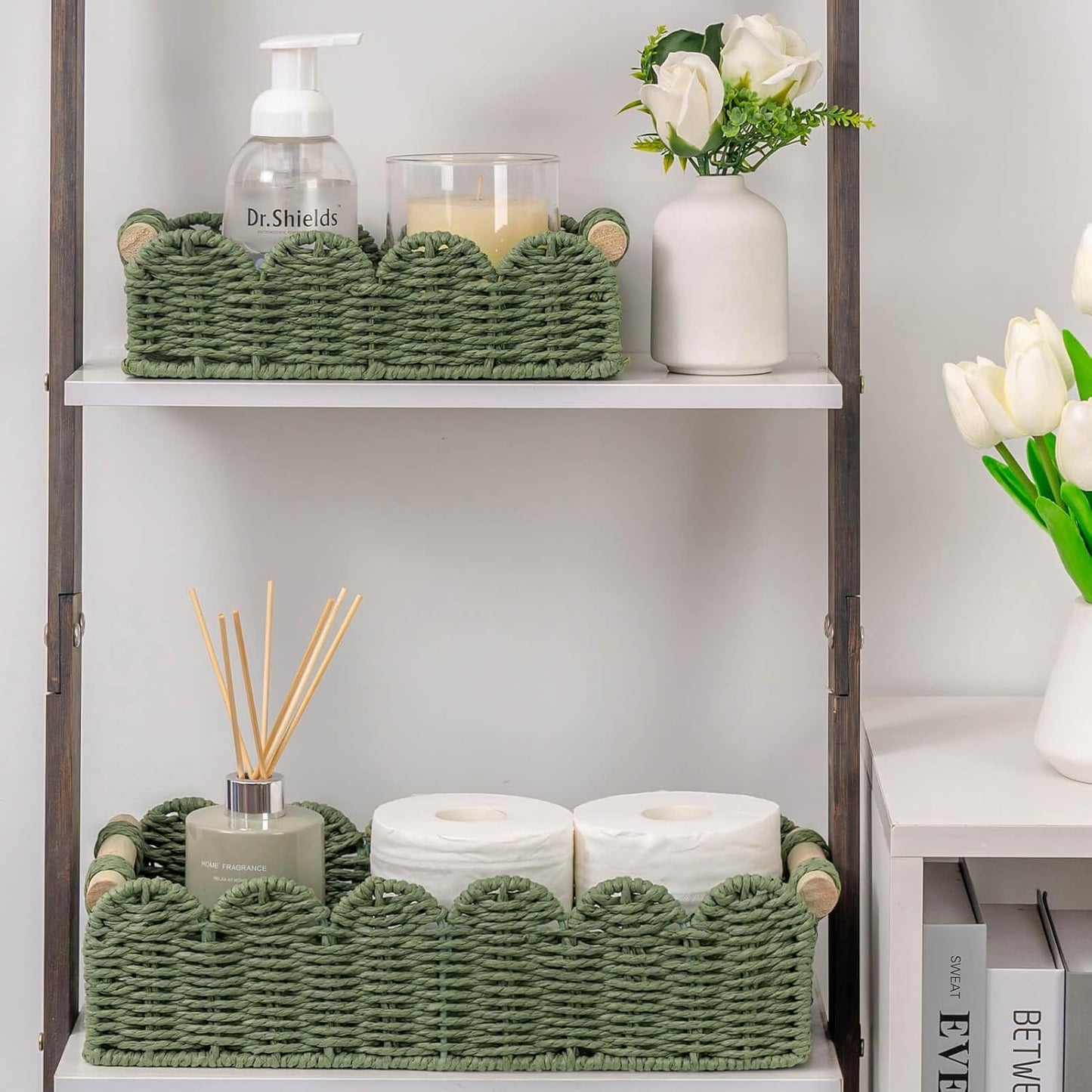 CubesLand Toilet Paper Storage Basket Scalloped Edge Home Decor Green Basket, Living Room Cozy Decor, Paper Rope Small Baskets for Over Toilet Storage Shelf, End Table, Shelves, with 2 Wooden Handles