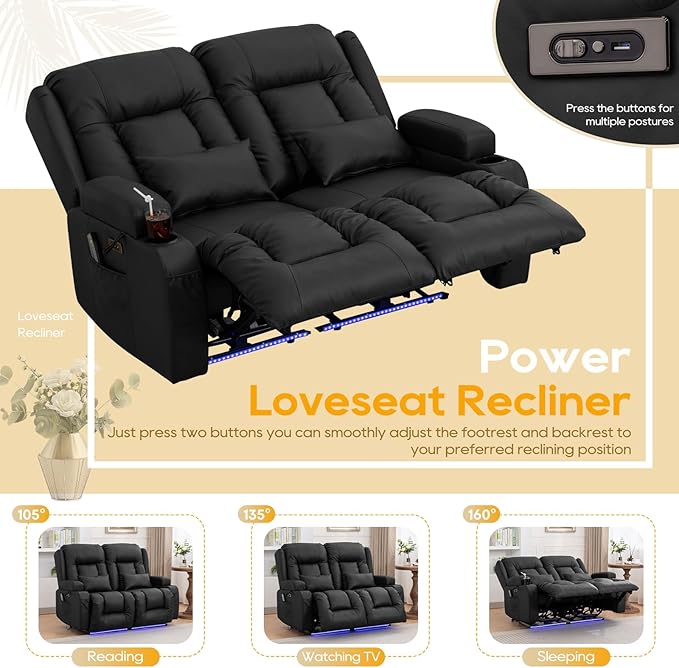 IPKIG 54" Power Loveseat Recliner Sofa, Electric Home Theater Seating with Massage Heat/4 Colors Ambient Lights/USB Port/Side Pocket/Cup Holder for Living Room, Bedroom, Home (Black, 2 Seater)