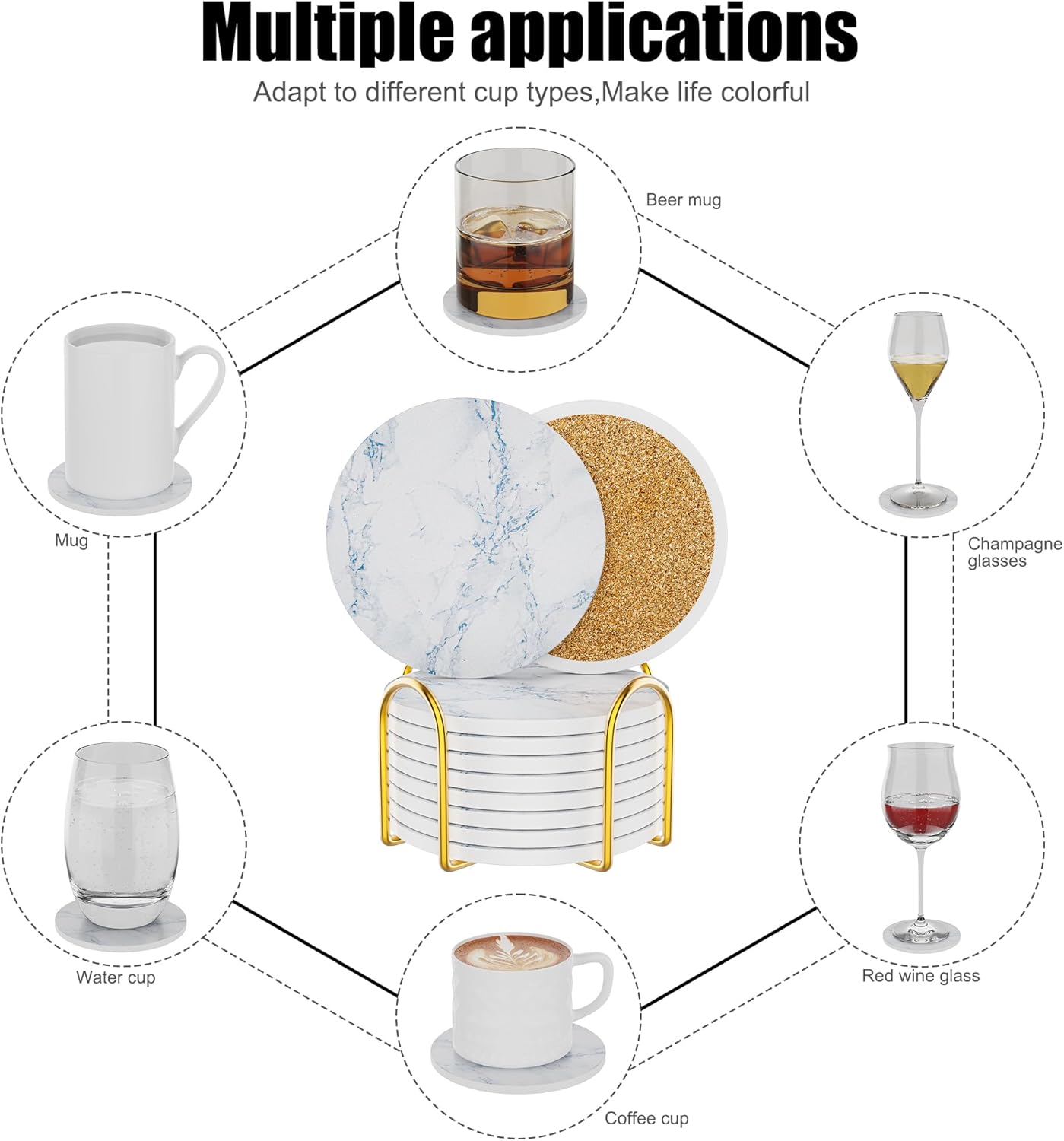 Coasters for Drinks Set of 8, Absorbent Ivory Marble Style Marble with Metal Golden Holder, Ceramic Coaster Set Cup Mat for Home Decor, Bar, Kitchen, Party
