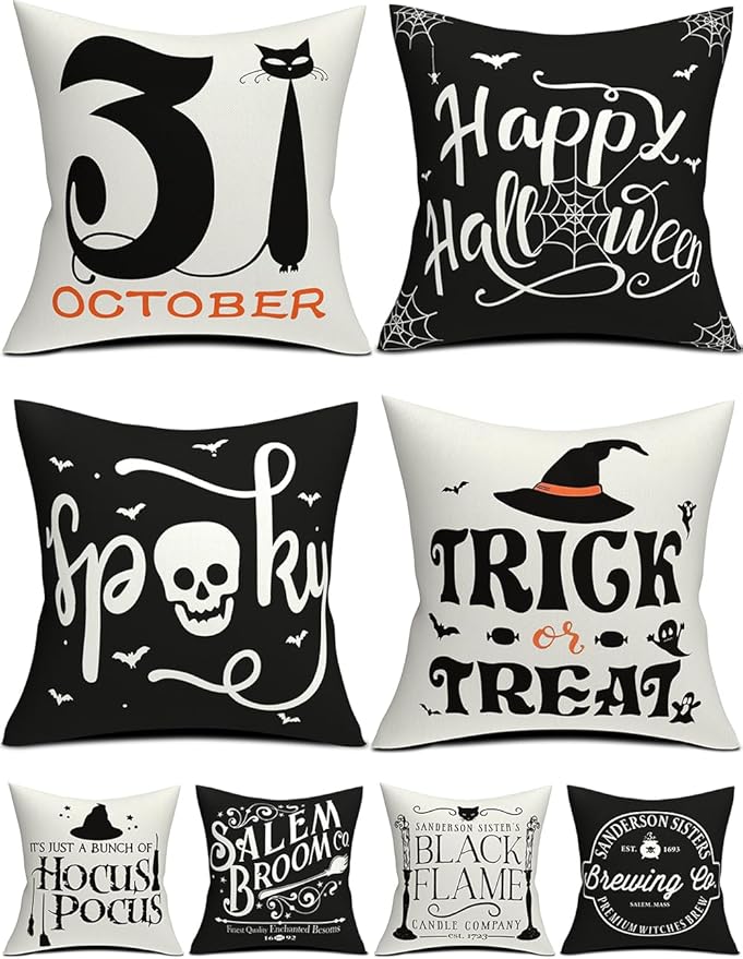 Halloween Decorations Set Of 4 Double-Sided Print Pillow Covers 18" x 18", with 8 Cute Halloween Decor Patterns, Elegant Invisible Zipper, Soft Linen Throw Pillow Covers for Outdoor & Indoor Use