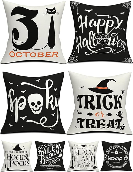 Halloween Decorations Set Of 4 Double-Sided Print Pillow Covers 20" x 20", with 8 Cute Halloween Decor Patterns, Elegant Invisible Zipper, Soft Linen Throw Pillow Covers for Outdoor & Indoor Use