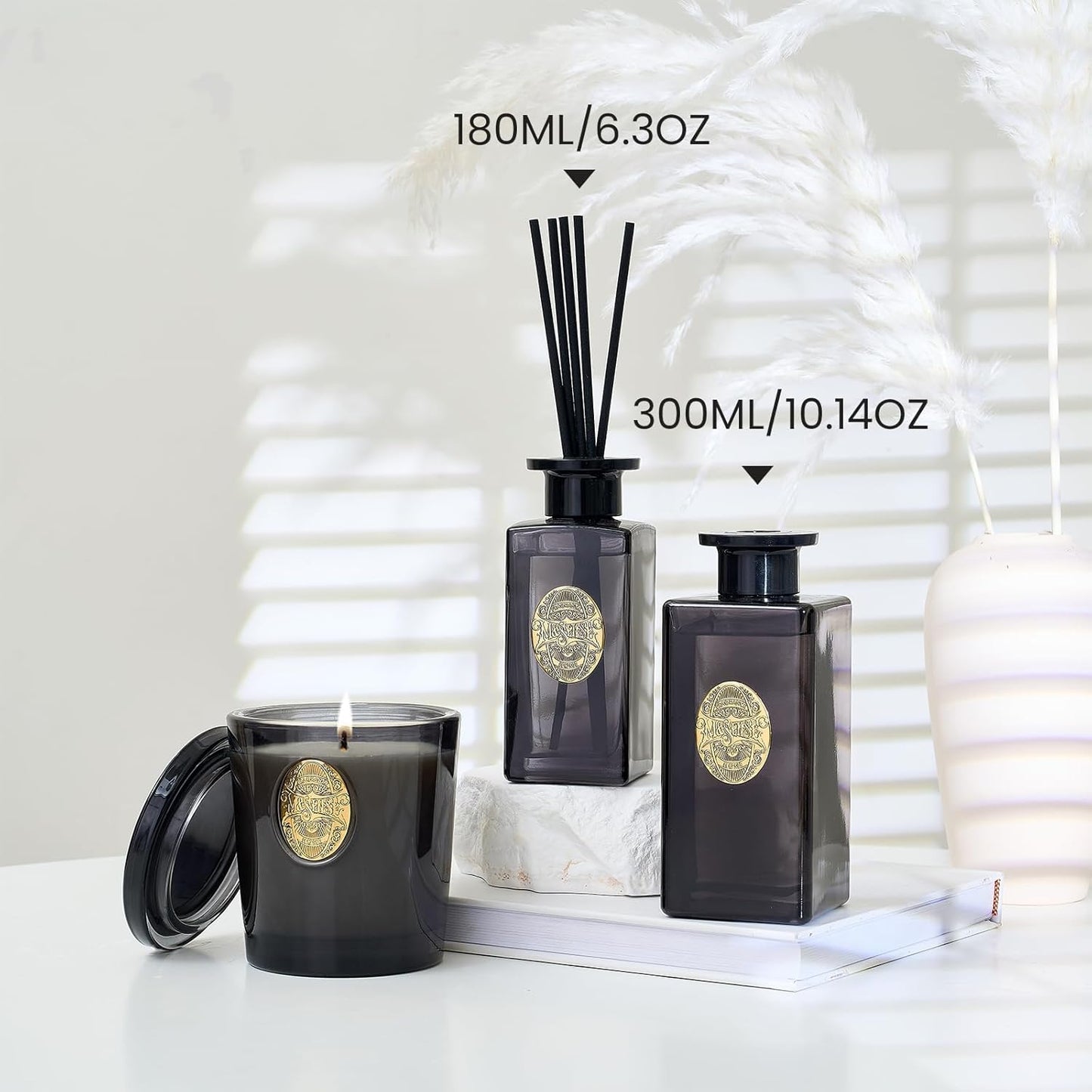 M&SENSE 10.14 oz Large Reed Diffuser Set | Oud Wood Scent Oil Diffuser with Sticks | Hotel Collection Non-Toxic Essential Oil |for Bedroom Bathroom Living Room