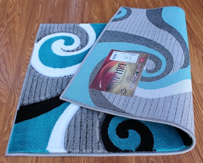 Masada Sophia Collection Hand Carved Modern Contemporary Turquoise White Grey Black Welcome Mat, Doormat, Bathroom Rug, Kitchen Mat, Small Space Rug (2 Feet X 3 Feet 4 Inch)