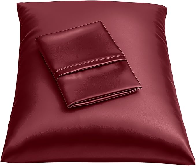 Satin Pillowcase with Zipper, for Hair and Skin Care, Feels Soft and Cool Like a Silk Pillowcase, Satin Pillow Cases 2 Pack, Slik Pillow Cover, Burgundy, Queen, Set of 2