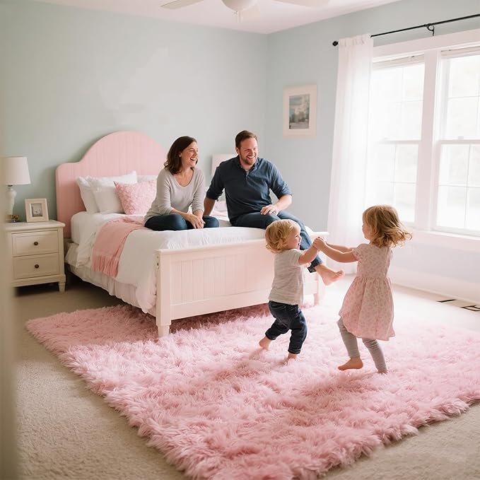 Pink Area Rugs for Girls Bedroom, 8x10 Fluffy Fuzzy Shaggy Carpet for Kids Playroom Nursery Living Room, Thick Soft Plush Mat for Kids Baby Boys Teen Dorm Home Decor Aesthetic