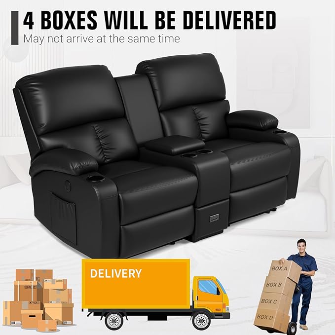 Home Theater Seating,RV Recliner Sofa with Massage and Heat,Manual RV Recliner Loveseat with USB/Cup Holders and Side Pocket for Living Room,Loveseat Black