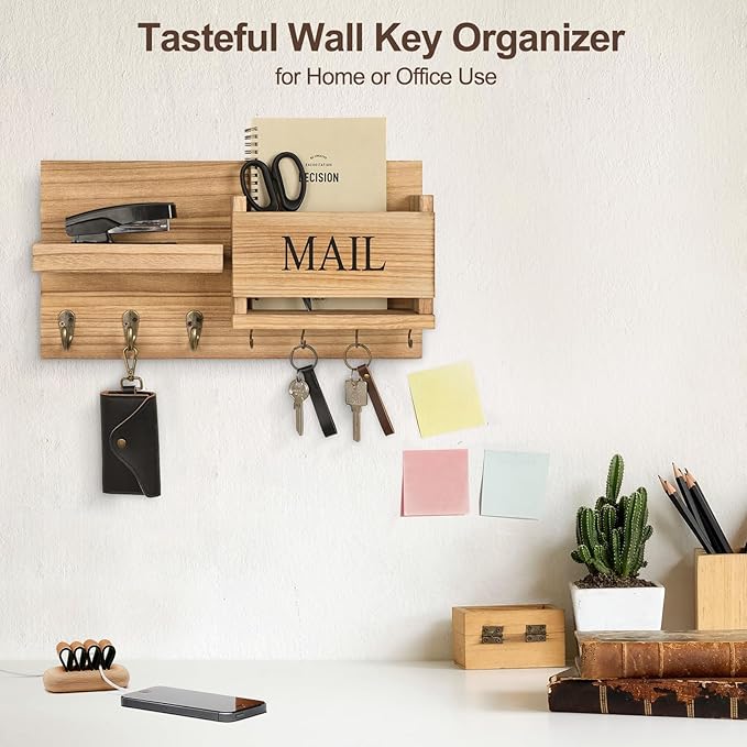 Mail Organizer for Wall Mount – Key Holder with Shelf Includes Letter Holder and Hooks for Hallway Farmhouse Decor – Rustic Wood with Flush Mounting Hardware (16.5” x 9.1” x 3.4”) (Wood)