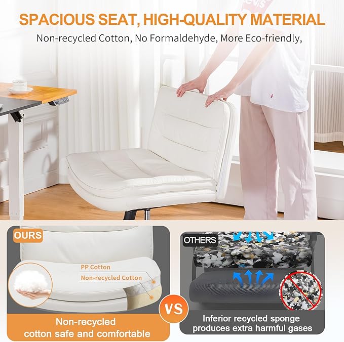 COMHOMA Cross Legged Office Chair with Wheels Armless Office Desk Chair, Modern Vanity Computer Task Chairs for Home Bedroom, Comfortable Wide Seat for Lower Back Pain Relief, PU Leahter, Beige