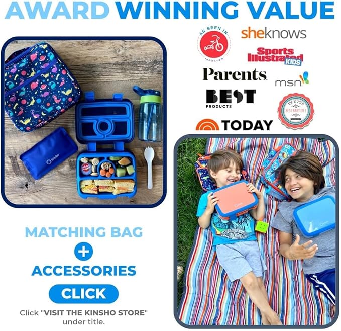 Kids Lunch Box - Bento Box for Boys Toddler Daycare, 4 Portion Sections with Lid, Snack Container Pre-School Kid Lunches Toddlers Removable Tray BPA Free, 3+ Years Old, Blue Rocket Dinosaur