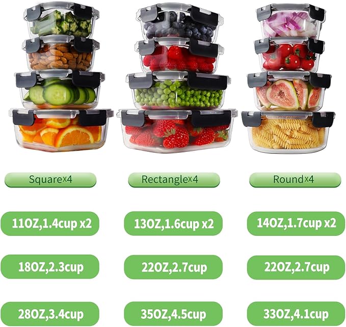 HOMBERKING 24pc Glass Food Storage Containers with Lids, Glass Meal Prep Containers with Leak Proof Snap Lock Lids, Airtight Bento Lunch Boxes, Kitchen Storage (12 lids & 12 Containers) - Black