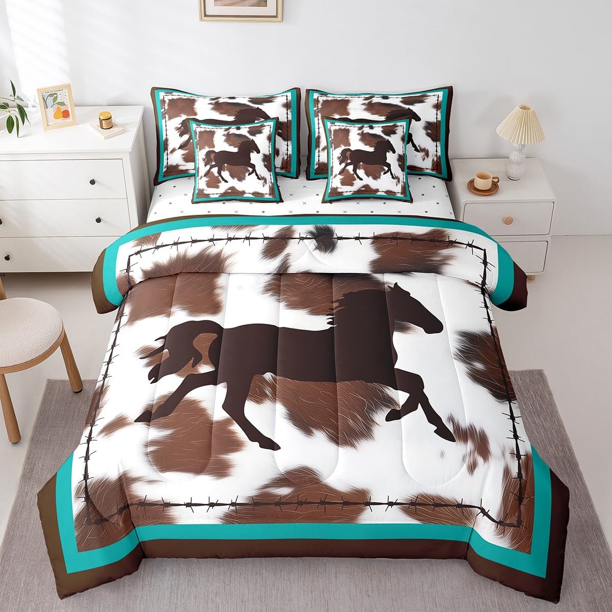 Horse 7 Piece Bedding Set 7 Piece Bedding Set Rustic Western Cowboy Cowhide Print Comforter Cover Bedroom Decor Retro Farmhouse Horse Teal Blue Brown Full Size