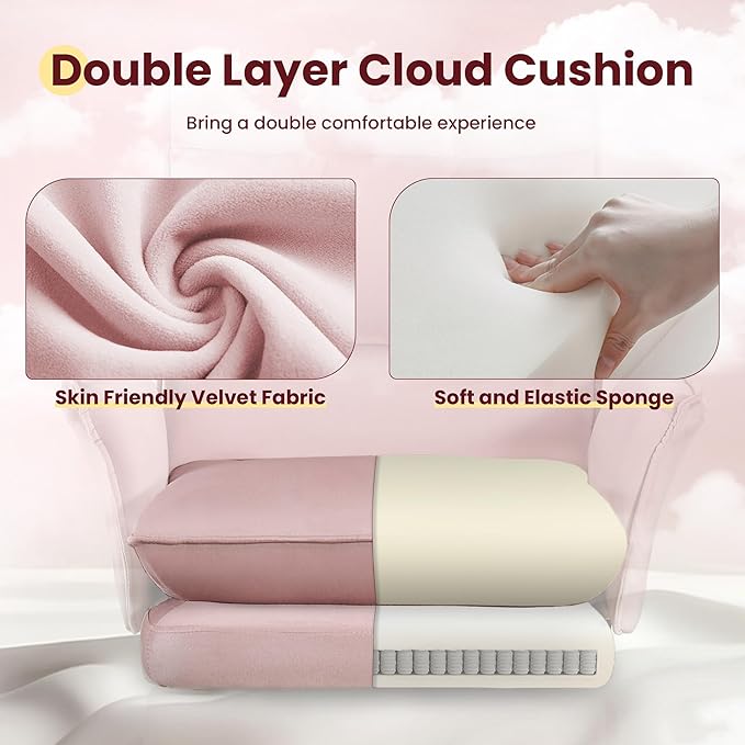 Office Chair, Modern Home Office Desk Chairs with Wheels and Retractable Footrest, Adjustable Backrest Velvet High Back Office Chair, Computer Chairs for Bedroom (Light Pink)