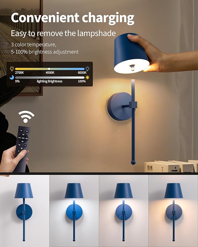 KDG Cordless Wall Sconces Set of 2, Wireless 5200mAh Rechargeable Battery LED Wall Lamps, Wall Lightings for Wall Painting, Outdoor, Garden, Living Room, Bedside, Hallway, Gifts, Night Light (Blue)