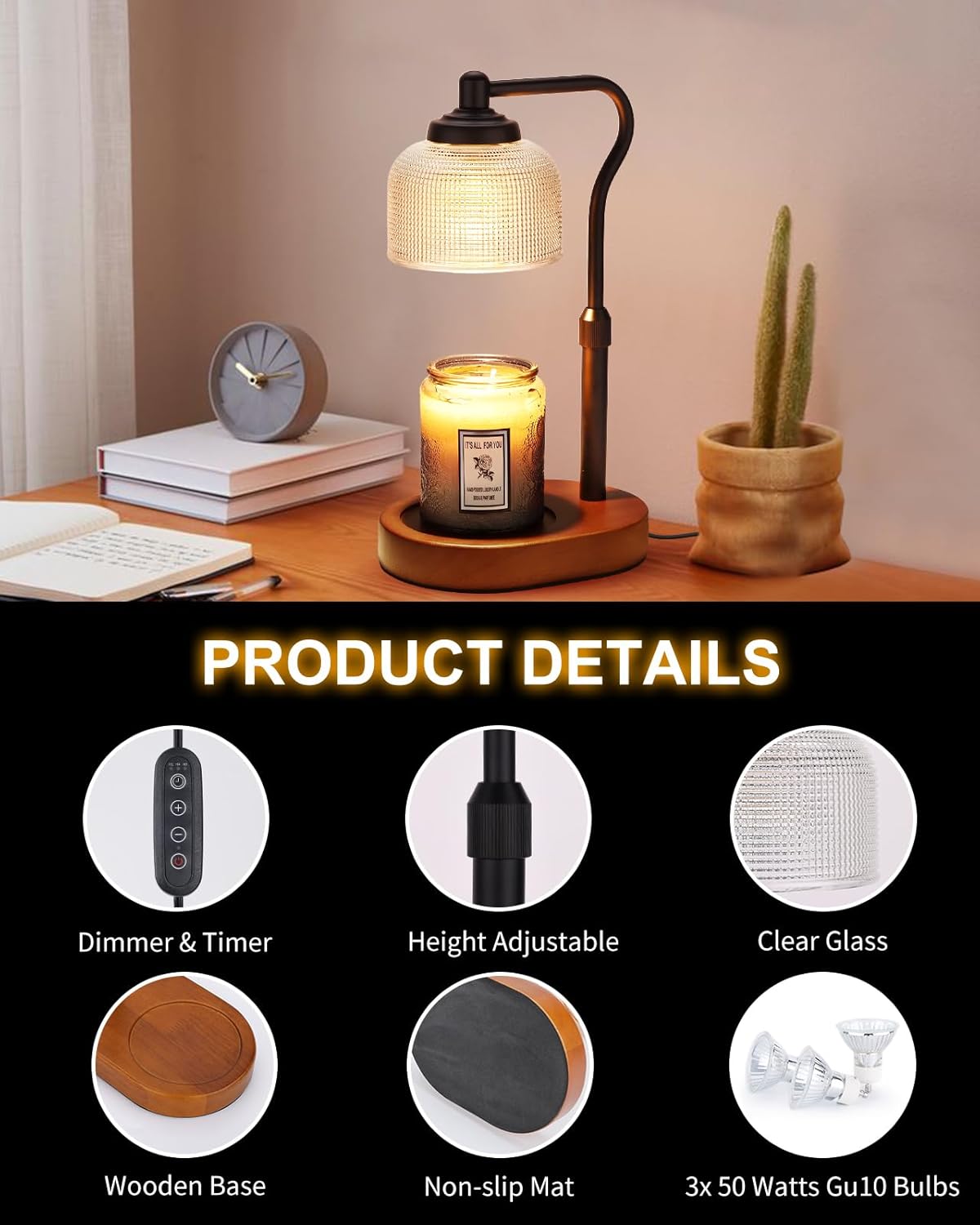 Candle Warmer Lamp with Timer, Electric Candle Warmer Adjustable Height, Mothers Day Gift for Mom, Dimmable Modern Candle Lamp with 3 Bulbs for Home Decor House Warming Gifts, Clear Glass