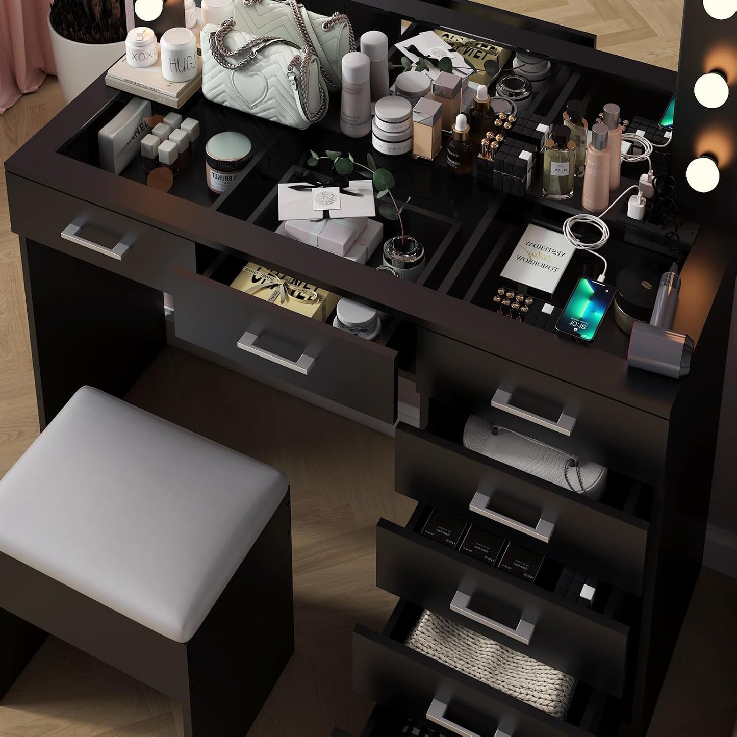 Karl home Vanity Desk with Large Lighted Mirror & Powre Outlet, Glass Tabletop Makeup Vanity Set with 7 Drawers, 45.3" Vanity Table with 3 Color Lighting Modes, Dressing Table for Women Girls, Black