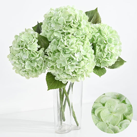 Artflower 4Pcs Real Touch Hydrangea Artificial Flowers, 22.5'' Light Green Full Latex Faux Hydrangea Flowers for Home Floral Arrangements Wedding Bouquets Kitchen Table Centerpiece Decorations