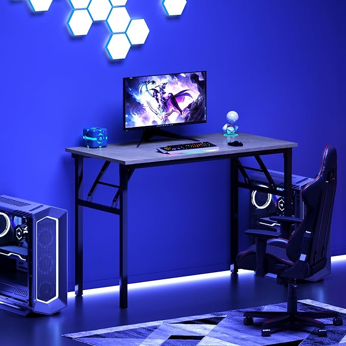 DlandHome Folding Desk Small Desk 31.5 inches Small Computer Desk for Home Office Folding Table Writing Table for Small Spaces No Assembly Required Grey & Black Frame