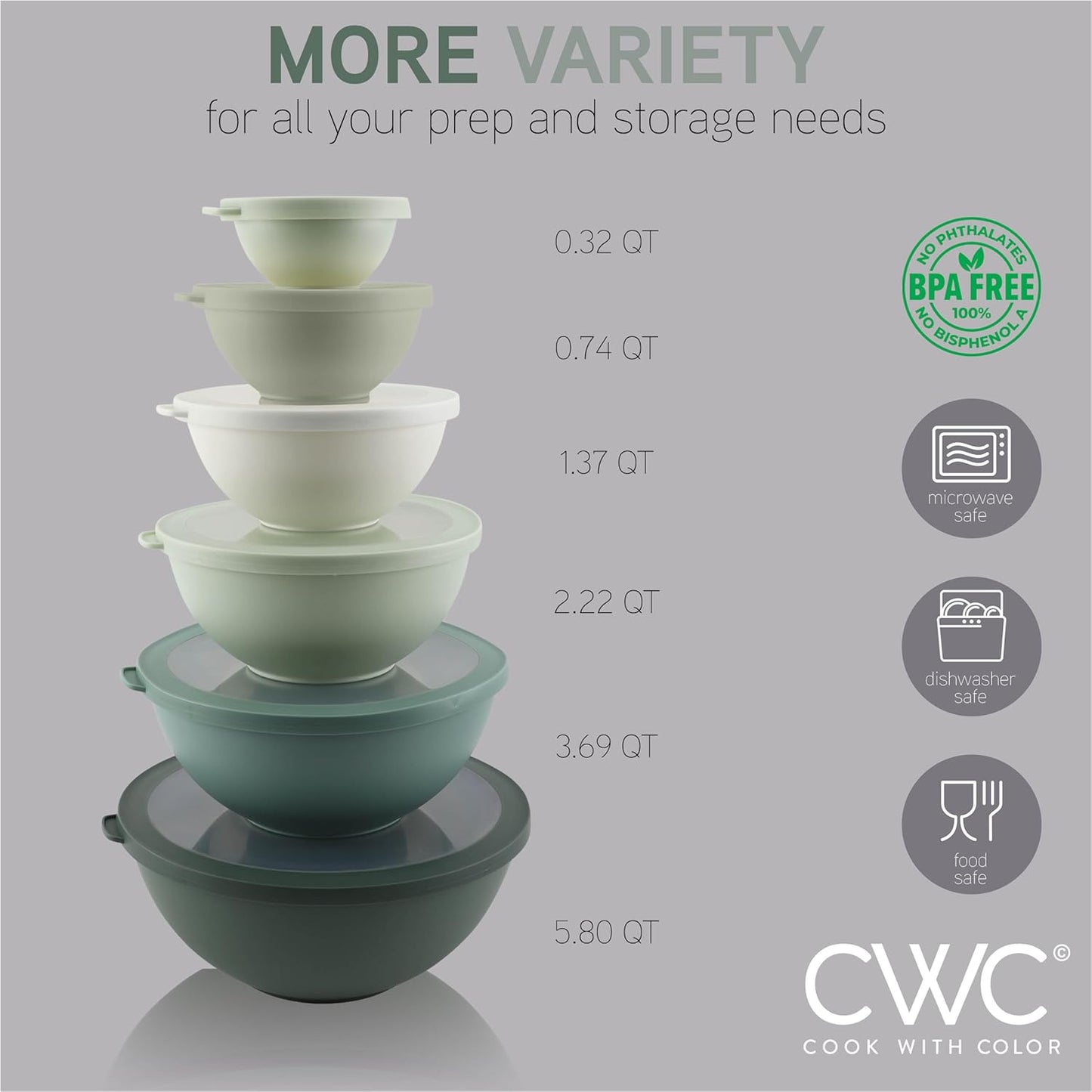 COOK WITH COLOR Mixing Bowls with TPR Lids - 12 Piece Plastic Nesting Bowls Set includes 6 Prep Bowls and 6 Lids - Microwave Safe (Sage)