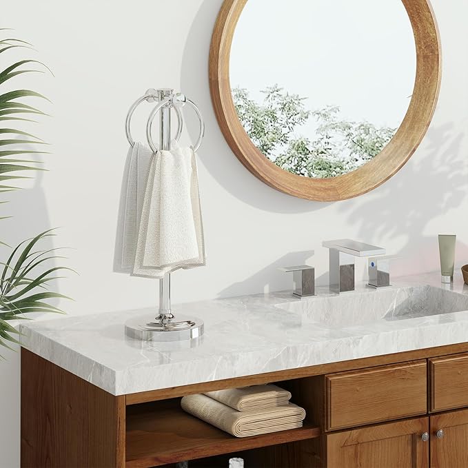 Hoimpro 17" Polished Chrome Standing Towel Rack Bracket, Double Towel Ring Free Hand Towel Stand Holder Bathroom Hardware Accessories Set Towel Bar for Bathroom Vanities and Kitchen Countertops