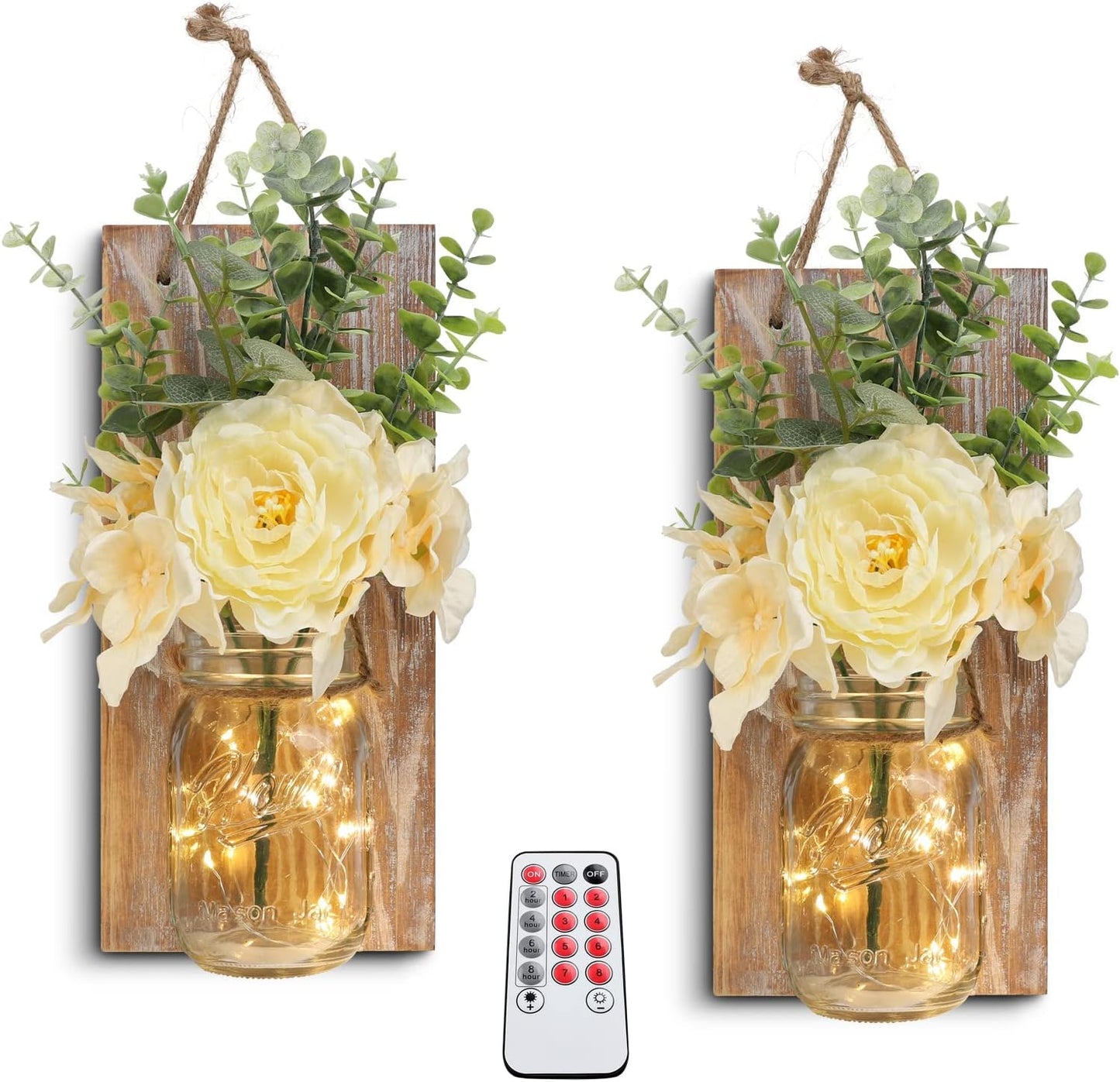 HOMKO Rustic Wall Decor, Mason Jars Wall Sconces with Remote Control Multi-Mode LED Lights, Hanging Farmhouse Decor (Set of 2) - Rustic Brown