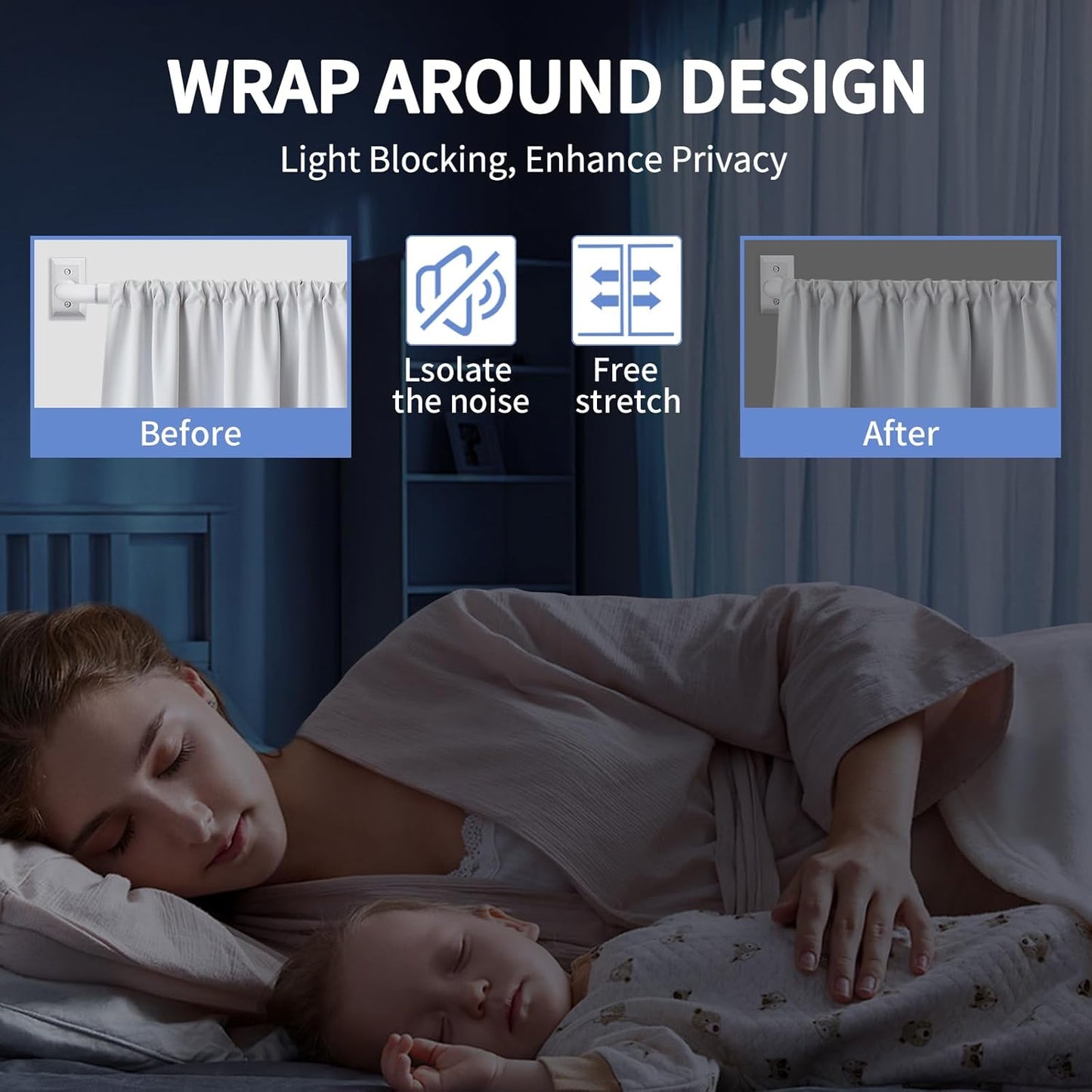 White Room Darkening Curtains, 48-90 Inch Wrap Around Rods, Heavy Duty Blackout, Modern Decorative Window Treatment