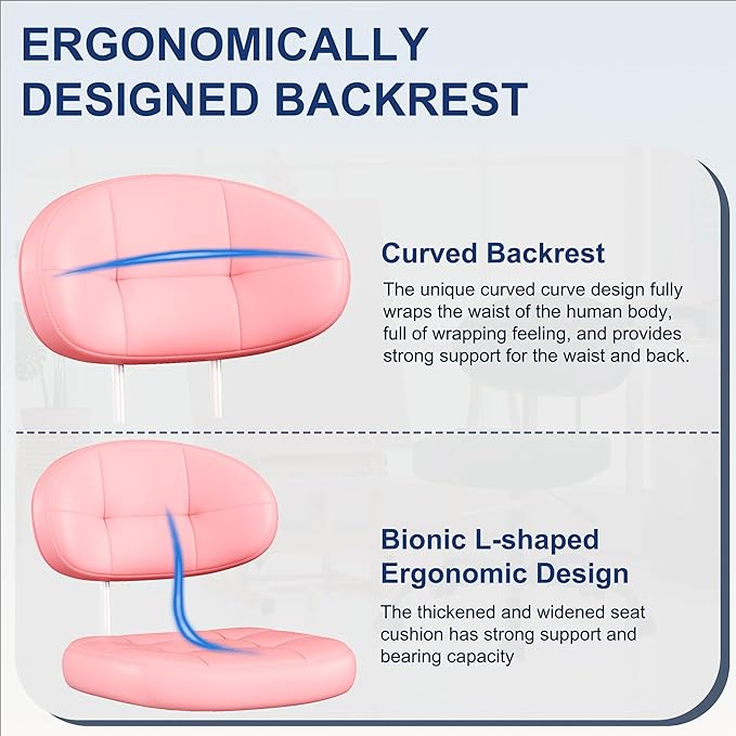 Misolant Vanity Chair with Back, Small Armless Cute Office Chair with Wheels and Lumbar Support, Comfy PU Leather Desk Computer Chairs with Adjustable Height, 360°Swivel for Home Bedroom Office, Pink